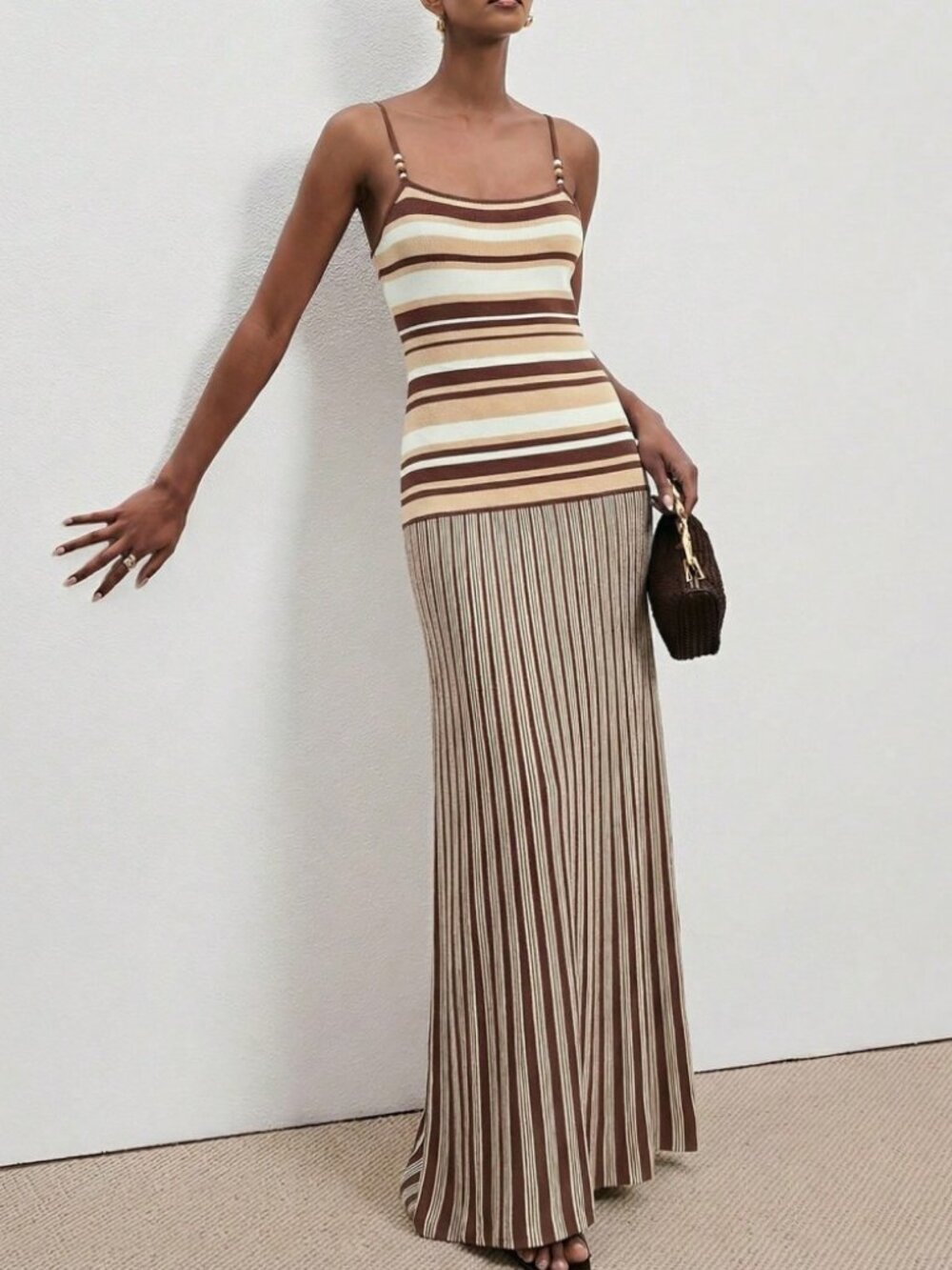Brown and Tan Striped Knit Maxi Dress with Beaded Straps